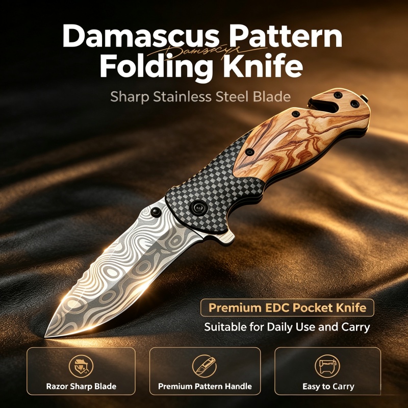 Edc Carry Pocket Knife - سكين قابل للطي بنمط دمشقي، شفرة